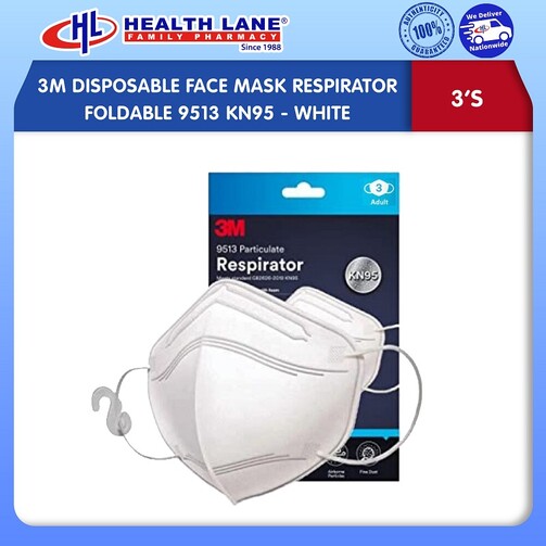 3M DISPOSABLE FACE MASK RESPIRATOR FOLDABLE 9513 KN95- WHITE (3'S)